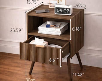 Modern Walnut Nightstand, Mid-Century Bedside Table, Compact Drawer Shelf Storage