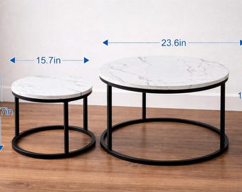 White Marble Nesting Coffee Tables – Modern Round Metal Frame Accent Tables