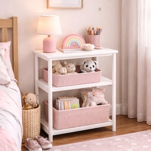 May include: A white three-tier wooden storage shelf featuring two rectangular pink woven baskets on the lower shelves. The top surface holds a pink lamp, a rainbow-shaped decor piece, and a cup of colored pencils, with plush toys inside the baskets.