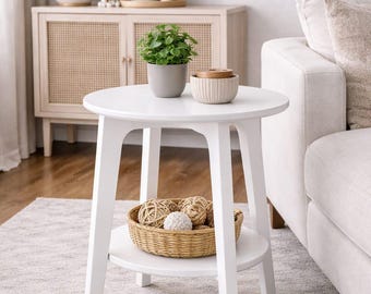 Modern 2-Tier Round End Table, White Finish, Living Room Storage