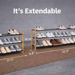 May include: Extendable shoe rack with three tiers, featuring a black frame and natural wood supports. The rack holds various shoes, with dimensions of 16.93 inches high, 8.3 inches deep, and 17.7 inches wide when compact, and 32.3 inches wide when extended.