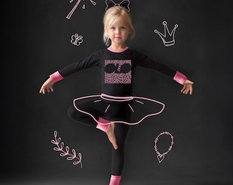 May include: A black long-sleeved shirt and leggings set with pink trim at the neck and cuffs. The shirt features a pink leopard print square graphic with the letters "clo" in the center. A pink outline of a tutu is drawn around the waist.
