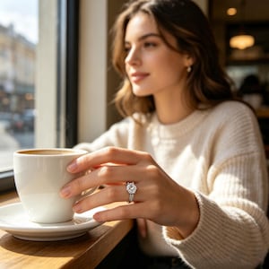 May include: A silver-toned ring featuring a large, round-cut center stone and a band accented with smaller pavé-set stones, worn on a finger while holding a white ceramic coffee cup and saucer on a wooden surface.