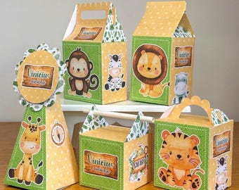 Cajas para regalos de fiesta temáticas de safari – Juego de 25 | Cajas para dulces de baby shower y cumpleaños infantiles con temática de la selva | Personalizadas | Cartulina de 180 g/m²