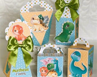 Cajas para regalos de fiesta de dinosaurios (25 unidades) – Lindas cajas de dulces con temática de dinosaurios para cumpleaños infantiles – Personalizadas con nombre y edad – Decoración para fiestas de dinosaurios bebés