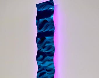 Large Metal Wall Art Modern Abstract Sculpture Lamp Color Changing LED Lights Lighted Art Wave Panel Blue Wall Art Accent Lighting