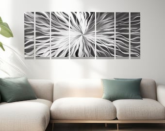 Large Metal Wall Art: Silver Abstract Sculpture, 7 Panel Modern Decor