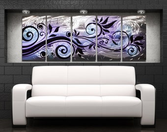 Purple Metal Wall Art Panels Silver Wall Art Modern Abstract Art Work Black Blue Home Decor Painting "Whispering Wind" by Brian Jones