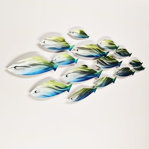 XL Metal School of Fish Sculpture Wall Art Shoal Nautical Beach House Decor Blue and Green Modern Wall Hanging Large