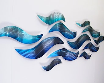 Large Metal Wall Sculpture Blue Wave Tropical Design Modern Art Decor Metal Wall Art Panels "Riptide" DV8 Studio Aluminum Multi panel