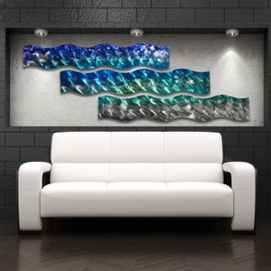 Large Blue Metal Wall Sculpture Wave Tropical Ocean Design Modern Art Decor Metal Wall Art Panels "Aqua Curves" Aluminum Multi panel