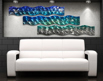 Large Blue Metal Wall Sculpture Wave Tropical Ocean Design Modern Art Decor Metal Wall Art Panels "Aqua Curves" Aluminum Multi panel