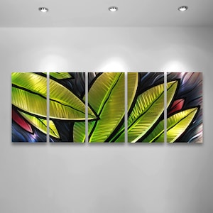 May include: A metal wall art piece with a green, yellow, and blue abstract design. The art is made up of five panels, each with a different section of the design.