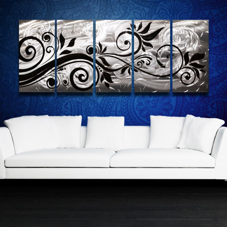Contemporary Metal Wall Art Panels Silver Modern Abstract Fl Work Black Home Decor Painting Whispering Wind