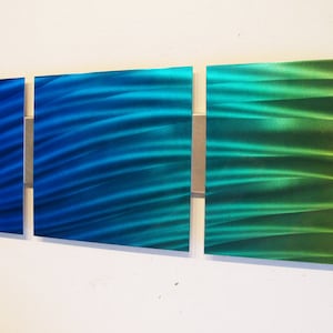Metal Wall Art Modern Abstract Metal Sculpture Art Panels &quot;Ocean Mist&quot; 44&quot; x 8&quot; Blue Green Modern Home Decor Contemporary Wall Hanging