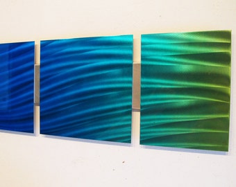 Metal Wall Art: "Ocean Mist" Blue Green Abstract Sculpture (44" x 8")