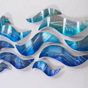 Large Metal Wall Sculpture Blue Wave Tropical Design Modern Art Decor Metal Wall Art Panels "Riptide" DV8 Studio Aluminum Multi panel