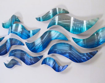 Large Metal Wall Sculpture Blue Wave Tropical Design Modern Art Decor Metal Wall Art Panels "Riptide" DV8 Studio Aluminum Multi panel