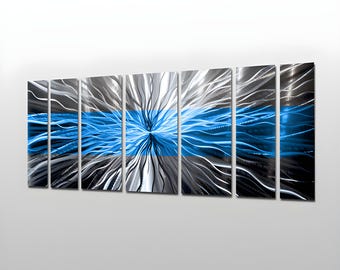 Large Modern Metal Wall Art: "Cosmic Energy, Blue" Aluminum Sculpture