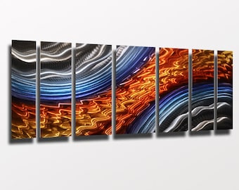 Large Metal Wall Art Panels Modern Orange Blue Metal Wall Art Work Painting Aluminum Sculpture Contemporary Home Decor "Titan Storm"