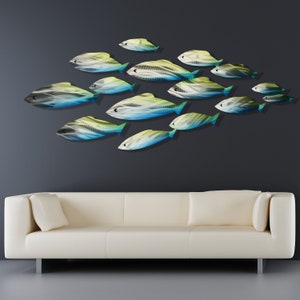 Large Metal School of Fish Wall Art Sculpture Tropical Nautical Beach Decor Blue and Green Modern Wall Hanging Large XL