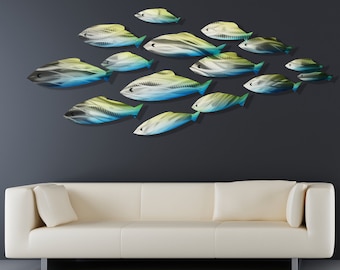 Large Metal School of Fish Wall Art Sculpture Tropical Nautical Beach Decor Blue and Green Modern Wall Hanging Large XL