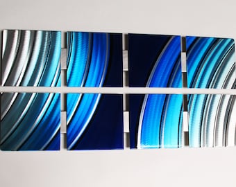 May include: A wall art piece made of eight metal panels, each with a different blue and silver abstract design. The panels are arranged in a horizontal row and are connected by metal strips.