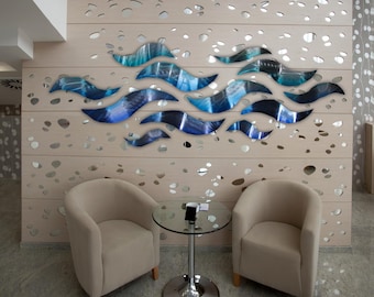 Blue Wave Metal Wall Sculpture with Abstract Tropical Design by Brian Jones