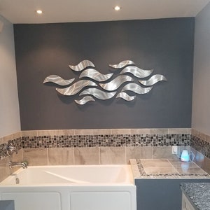 Large Metal Wall Sculpture Silver Wave Design Modern Art Decor Metal Wall Art Panels &quot;Silver Surf&quot; DV8 Studio Aluminum Multi panel