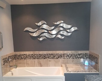 Large Silver Surf Wave Metal Sculpture: Modern Aluminum Wall Art Panels