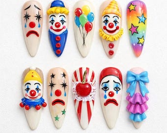 3D Clown Press On Nails, Circus Art Set, Kawaii Character Manicure