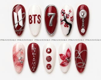 Kpop Inspired Press On Nails, Red Chrome Floral 3D Charm Set