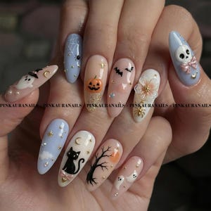 Pastel Floral Press On Nails, 3D Flower Pearl Accents, Almond Shape Set