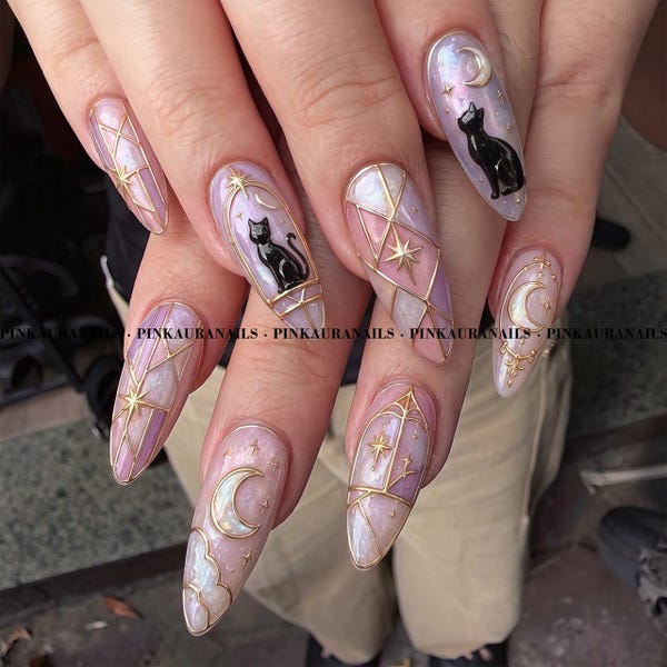Pink Purple Celestial Press On Nails, Black Cat Moon Stars, Gothic Gel Nail Set