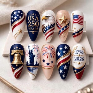 USA 250 Years Patriotic Press On Nails, American Flag Eagle Art (10 Count)