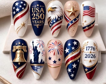 Unhas Postiças Patrióticas dos EUA 250 Anos, Arte da Águia com a Bandeira Americana (Pacote com 10)