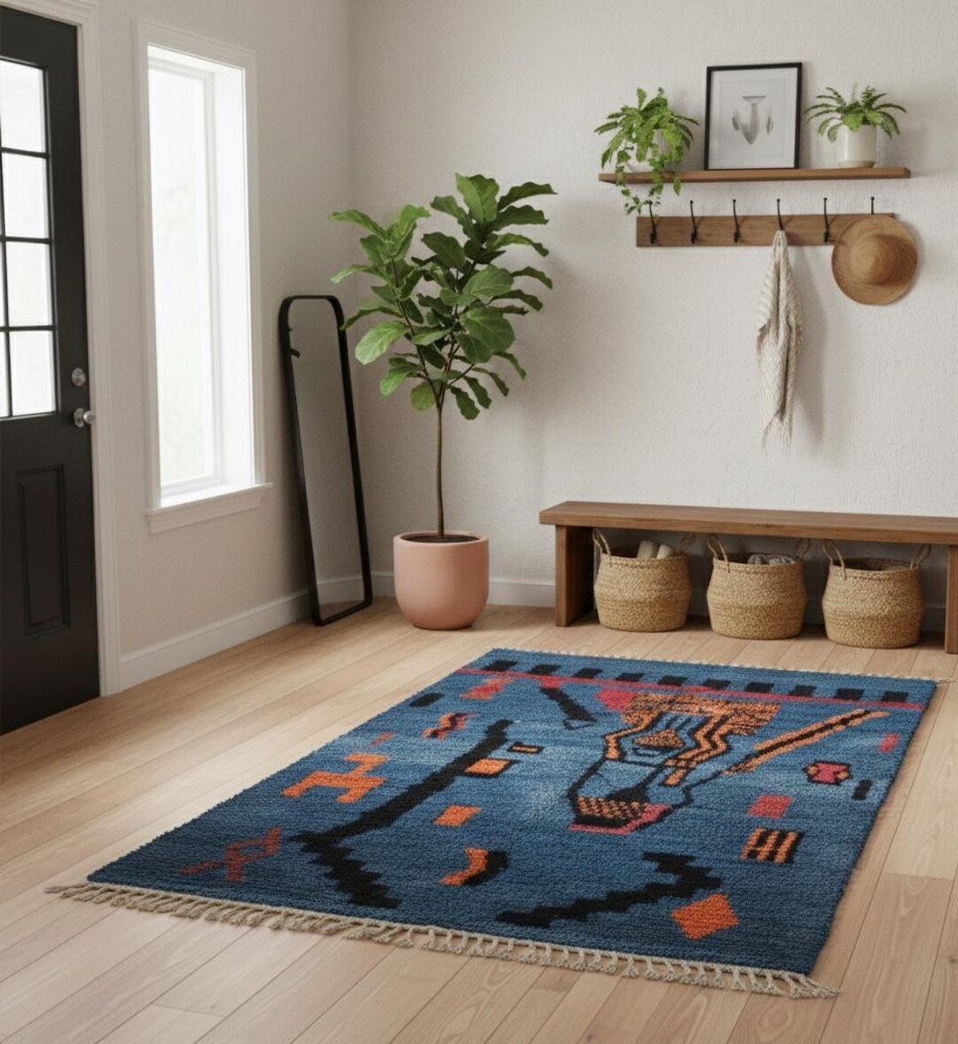 Modern Blue Rugs, Blue Rug 8x10, Orange Blue Rug, Wool Blue Rug, Large ...