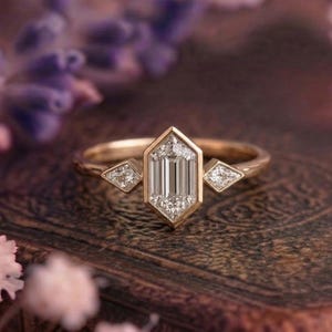 Hexagon & kite Cut Bezel Set Trilogy Moissanite Ring, Wedding Ring, Engagement Stackable RingWedding Ring For Her