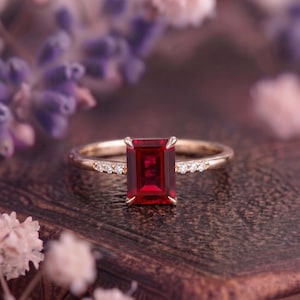 Emerald cut Ruby engagement ring Vintage natural diamond Cluster Ring Unique solid rose gold ring Wedding Bridal anniversary ring gift