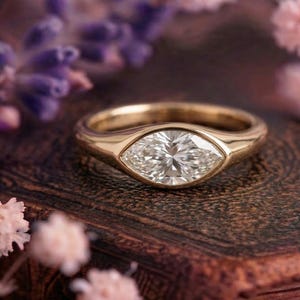 Marquise Cut Moissanite Ring in 14K Solid Gold – Bezel Set Minimalist Solitaire Ring, Dainty Engagement Gift for Her, Promise Ring