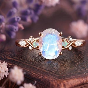 Oval Moonstone Ring 14K Solid Gold Moonstone Gemstone Engagement Ring Unique Opal Moissanite Promise Ring Anniversary Gift For Her