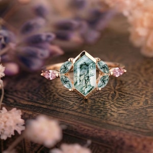 Vintage Hexagon cut Moss Agate engagement ring 14K gold Ring unique Cluster Marquise green Agate wedding ring bridal ring for women