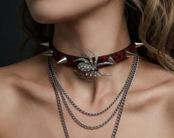 Gothic Spider Choker Necklace, Spiked Leather Collar, Red Black Goth Choker, Punk Alt Jewelry, Halloween Necklace, Dark Aesthetic Statement