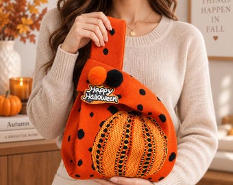 Knitted Pumpkin Tote Bag, Halloween Trick or Treat Bag with Pom Pom Charm