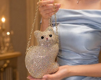 Crystal Swarovski Cat Evening Bag, Rhinestone Cat Clutch Purse, Sparkly Kitty Handbag, Gold Jeweled Party Bag, Bridal Clutch, Prom Purse