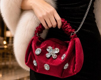 Crystal Butterfly Velvet Handbag, Ruched Handle Evening Bag, Jeweled Mini Purse, Elegant Party Clutch, Formal Wedding Bag Gift