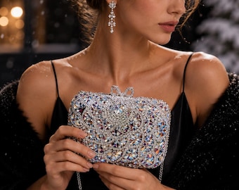 Iridescent Crystal Clutch, Rhinestone Evening Bag, Jeweled Wedding Purse, Sparkly Formal Handbag, Bridal Party Bag