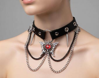Gothic Butterfly Choker Necklace, Red Gem Leather Collar, Punk Chain Choker, Alt Grunge Jewelry, Y2K Goth Statement Necklace
