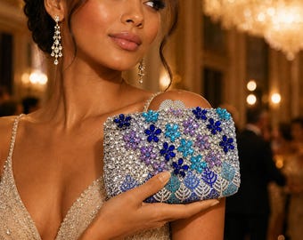 Swarovski Luxury Blue Floral Crystal Clutch Bag, Rhinestone Evening Purse, Beaded Flower Wedding Clutch, Formal Party Bag, Bridal Gala Bag