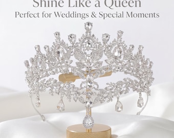 Luxury Crystal Queen Crown, Royal Bridal Tiara, Full Princess Wedding Crown, Silver Rhinestone Headpiece, Quinceanera Birthday Crown